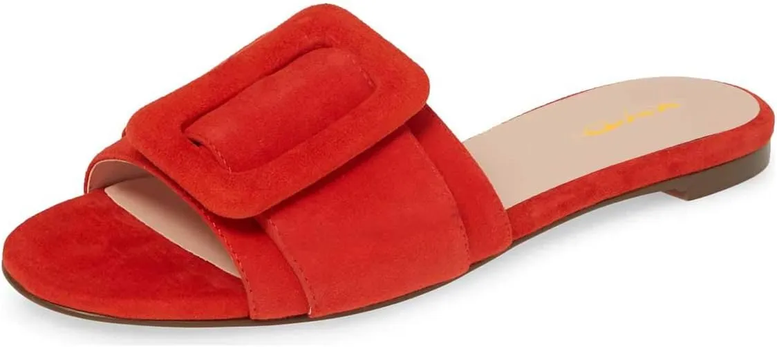 XYD Women Open Toe Flats Sandals No Heel Comfortable Summer Slide Shoes with Oversized Buckle