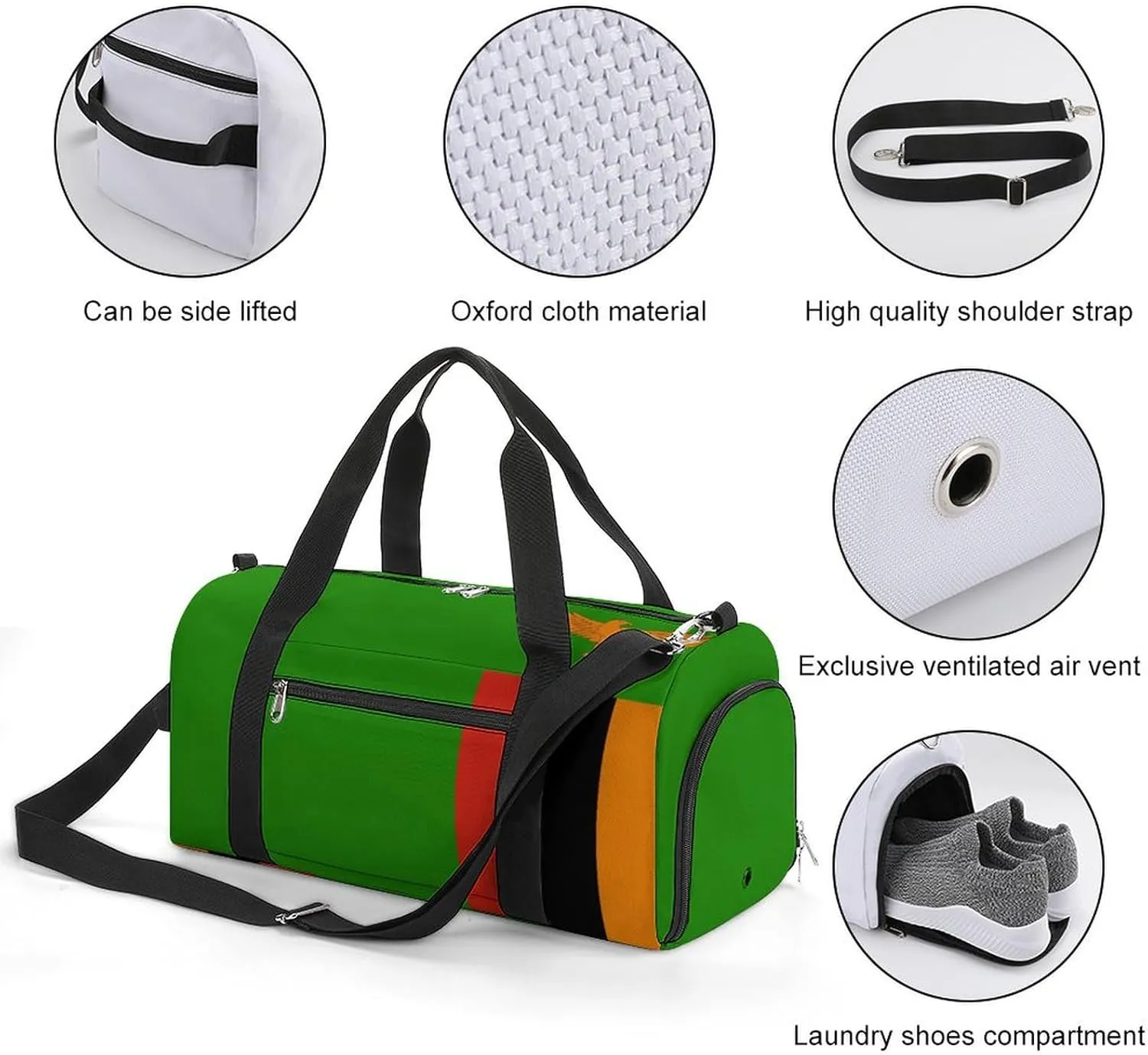 Zambia Flag Sports Gym Bag for Men Women with Shoe Compartment Carry On