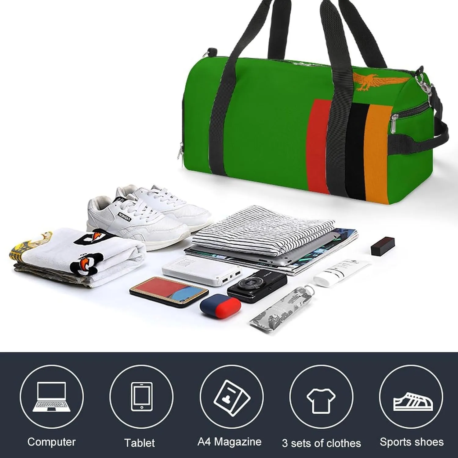 Zambia Flag Sports Gym Bag for Men Women with Shoe Compartment Carry On