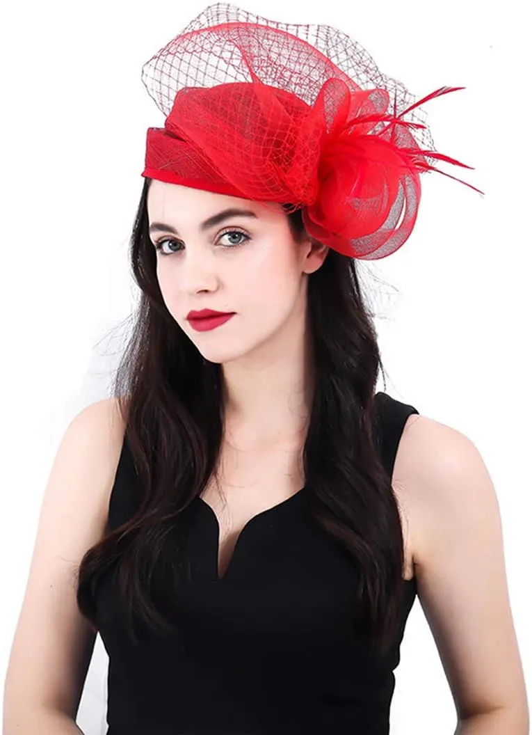 Z&X Sinamay Fascinator Hat Floral Feather Pillbox Derby Hats for Women Wedding Tea Party with Headband Clip