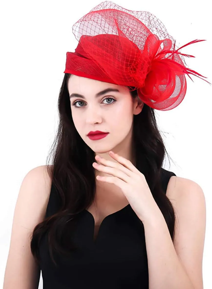Z&X Sinamay Fascinator Hat Floral Feather Pillbox Derby Hats for Women Wedding Tea Party with Headband Clip