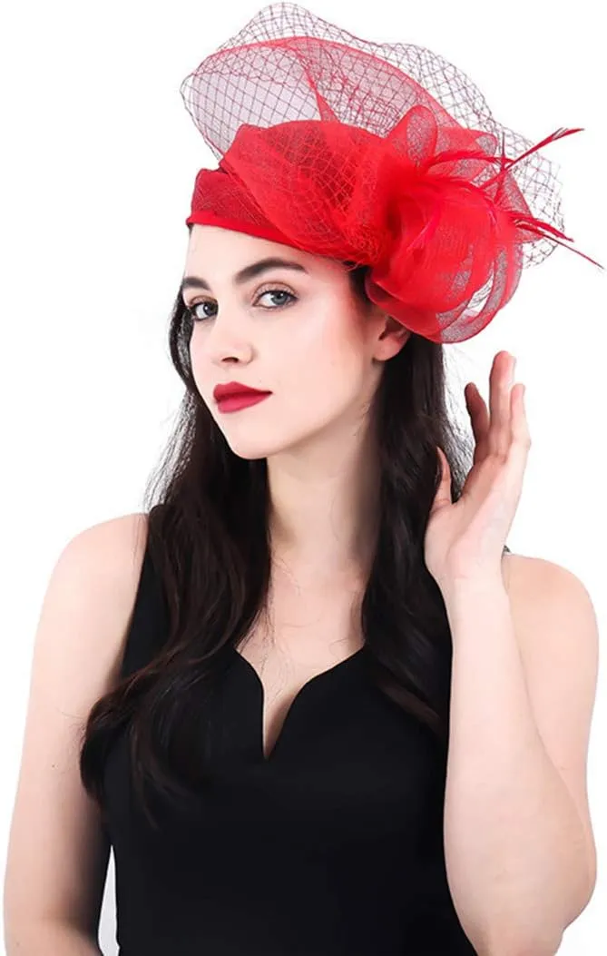 Z&X Sinamay Fascinator Hat Floral Feather Pillbox Derby Hats for Women Wedding Tea Party with Headband Clip