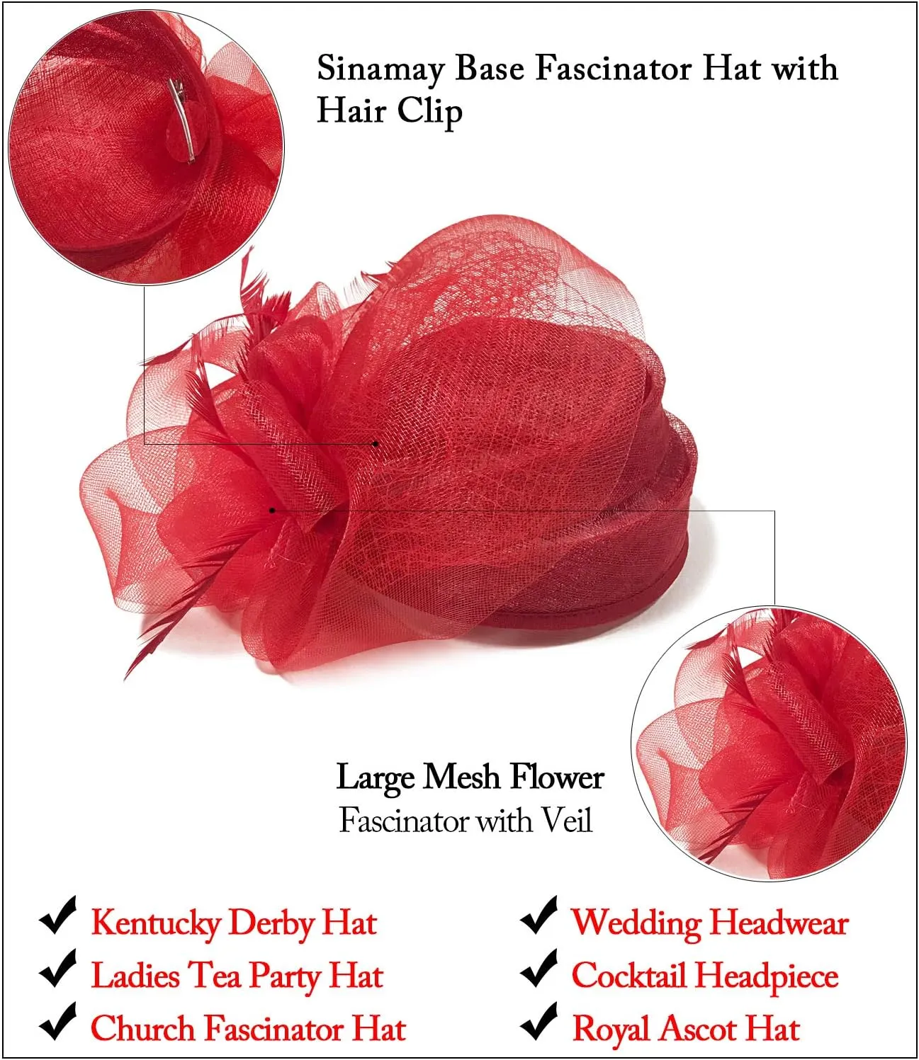 Z&X Sinamay Fascinator Hat Floral Feather Pillbox Derby Hats for Women Wedding Tea Party with Headband Clip